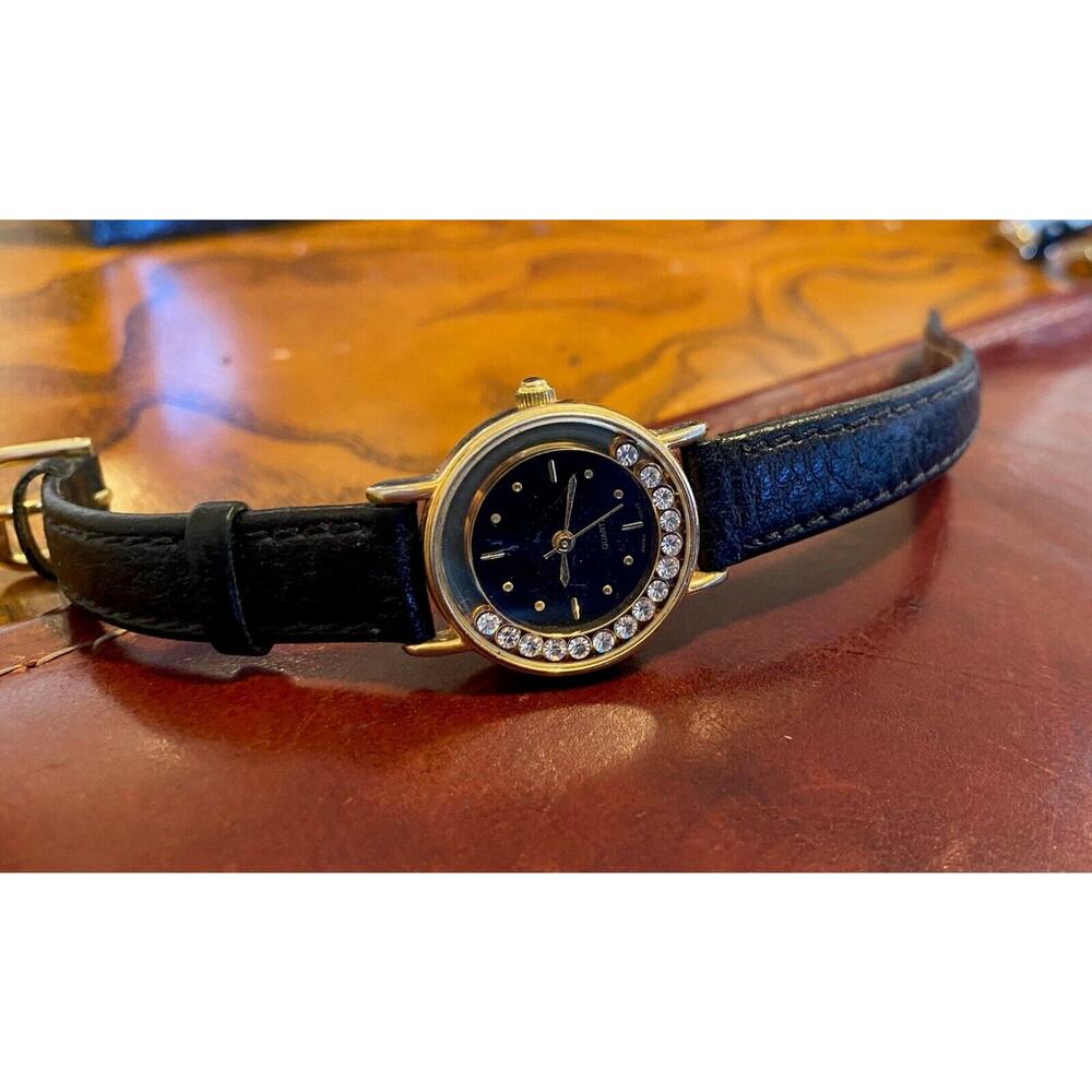 Women's 24mm Gold Tone Avon Watch, Crystal Accents, Black Leather Band